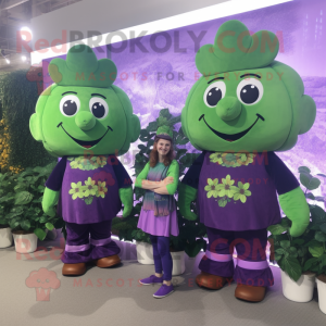 Purple Bunch Of Shamrocks mascot costume character dressed with a Overalls and Coin purses