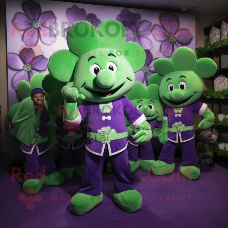 Purple Bunch Of Shamrocks mascot costume character dressed with a Overalls and Coin purses