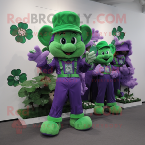 Purple Bunch Of Shamrocks mascot costume character dressed with a Overalls and Coin purses