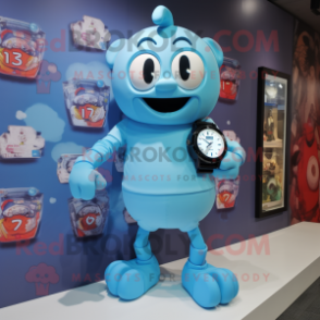 Sky Blue Wrist Watch mascot costume character dressed with a Playsuit and Digital watches