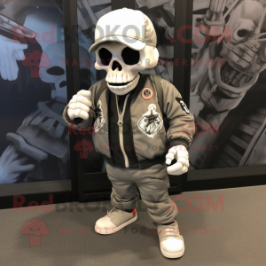 Gray Skull mascot costume character dressed with a Bomber Jacket and Shoe laces