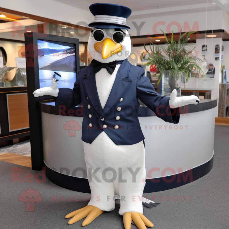 Navy Albatross mascot costume character dressed with a Tuxedo and Headbands