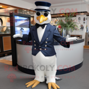 Navy Albatross mascot costume character dressed with a Tuxedo and Headbands