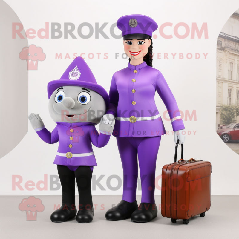 Lavender British Royal Guard mascot costume character dressed with a Mom Jeans and Briefcases