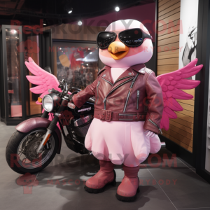 Pink Dove mascot costume character dressed with a Biker Jacket and Messenger bags