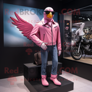 Pink Dove mascot costume character dressed with a Biker Jacket and Messenger bags