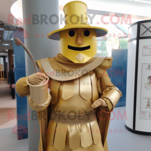 Gold Medieval Knight mascot costume character dressed with a Maxi Dress and Hat pins