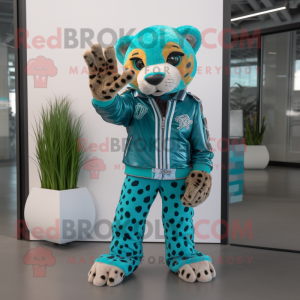 Turquoise Cheetah mascot costume character dressed with a Moto Jacket and Foot pads