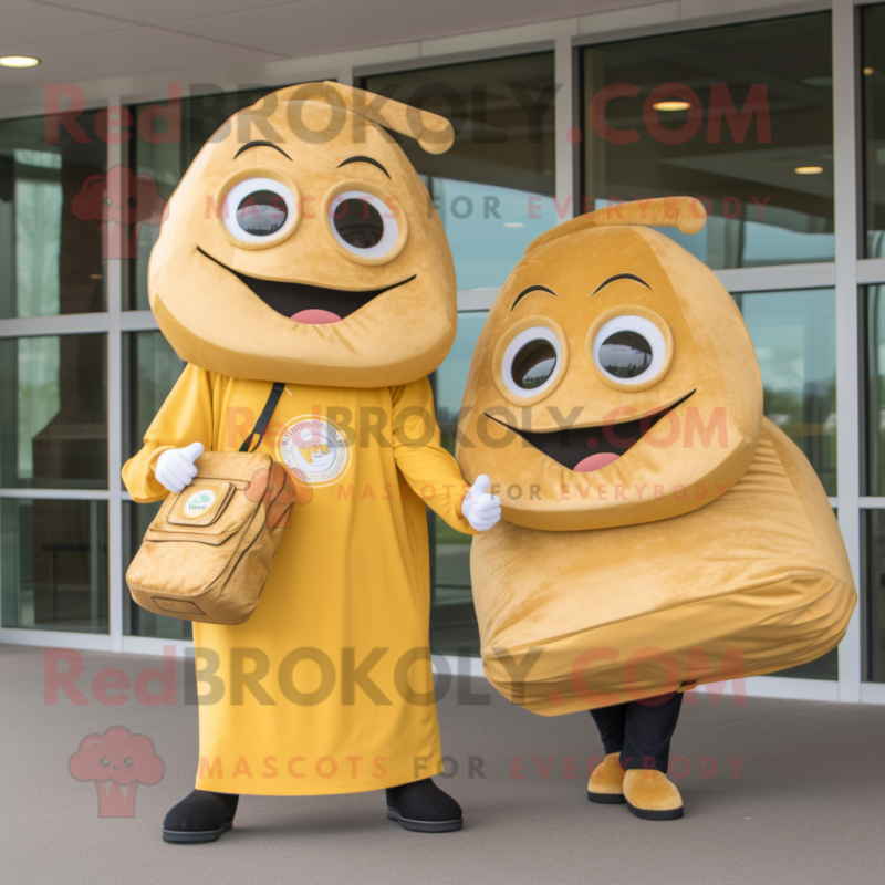 Gold Bagels mascot costume character dressed with a Jeggings and Messenger bags