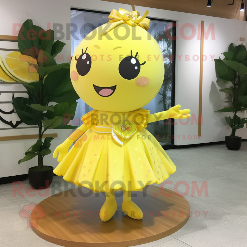 Lemon Yellow Lemon mascot costume character dressed with a Circle Skirt and Hair clips
