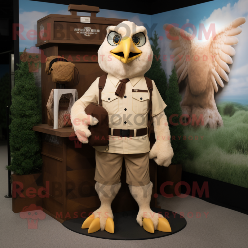 Cream Hawk mascot costume character dressed with a Cargo Shorts and Rings