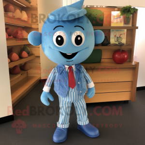 Cyan Cherry mascot costume character dressed with a Chambray Shirt and Tie pins