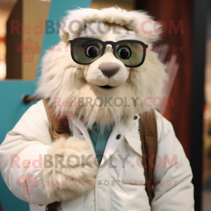 White Marmot mascot costume character dressed with a Parka and Eyeglasses