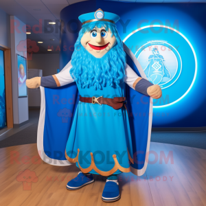 Blue Celtic Shield mascot costume character dressed with a Maxi Skirt and Shoe laces
