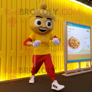 Gold Pad Thai mascot costume character dressed with a Capri Pants and Smartwatches