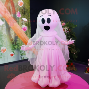 Pink Ghost mascot costume character dressed with a Wedding Dress and Hair clips