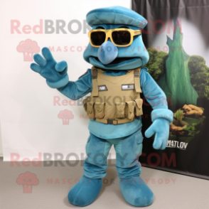 Teal Commando mascot costume character dressed with a Jeans and Eyeglasses