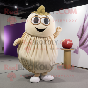 Beige Eggplant mascot costume character dressed with a Pleated Skirt and Coin purses