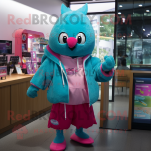 Teal Pink mascot costume character dressed with a Hoodie and Keychains