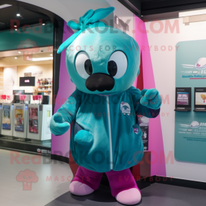 Teal Pink mascot costume character dressed with a Hoodie and Keychains