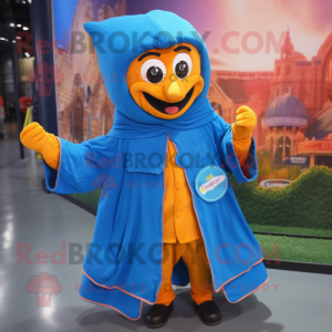 Blue Tikka Masala mascot costume character dressed with a Raincoat and Backpacks