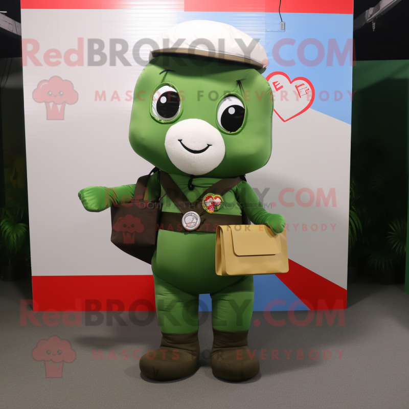 Forest Green Love Letter mascot costume character dressed with a Cargo Pants and Messenger bags