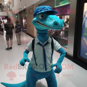 Teal Coelophysis mascot costume character dressed with a Oxford Shirt and Brooches