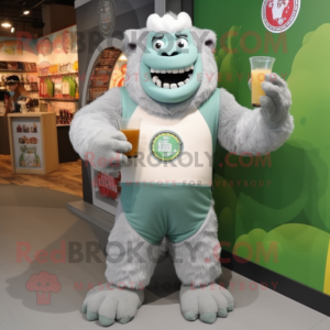 Gray Green Beer mascot costume character dressed with a Romper and Foot pads