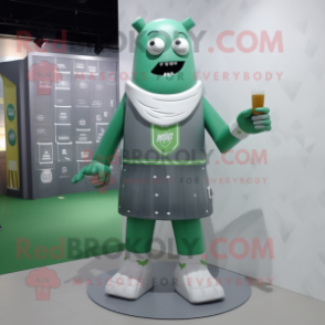 Gray Green Beer mascot costume character dressed with a Romper and Foot pads