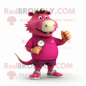 Magenta Capybara mascot costume character dressed with a Shorts and Bracelet watches