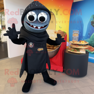 Black Fish Tacos mascot costume character dressed with a Turtleneck and Clutch bags