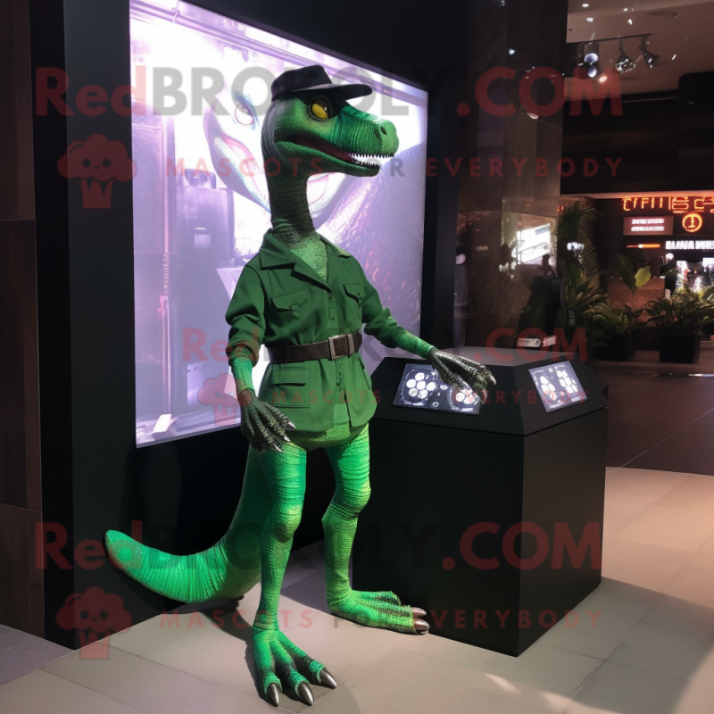 Forest Green Velociraptor mascot costume character dressed with a Dress and Digital watches