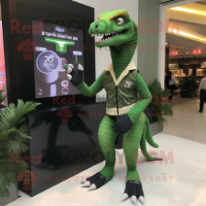 Forest Green Velociraptor mascot costume character dressed with a Dress and Digital watches