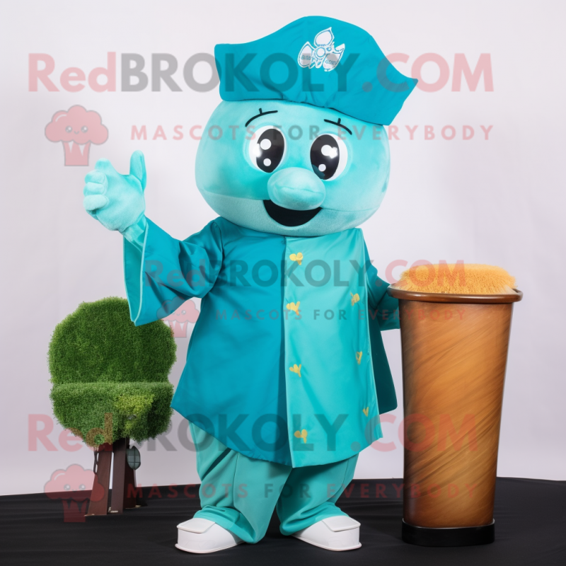 Teal Dim Sum mascot costume character dressed with a Vest and Gloves