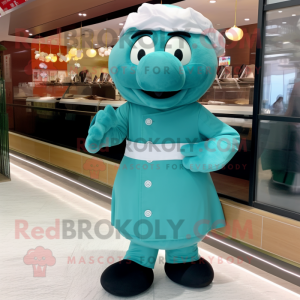 Teal Dim Sum mascot costume character dressed with a Vest and Gloves