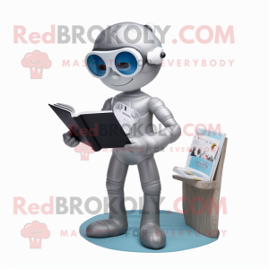 Gray Astronaut mascot costume character dressed with a One-Piece Swimsuit and Reading glasses