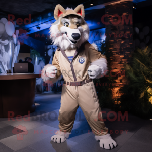 Beige Wolf mascot costume character dressed with a Jumpsuit and Lapel pins