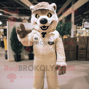 Beige Wolf mascot costume character dressed with a Jumpsuit and Lapel pins