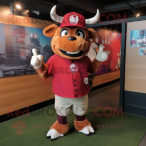 Red Yak mascot costume character dressed with a Baseball Tee and Berets