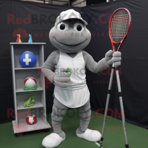 Grå tennisracket maskot...