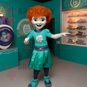 Teal Irish Dancer mascot costume character dressed with a Henley Tee and Rings