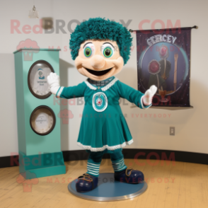 Teal Irish Dancer mascot costume character dressed with a Henley Tee and Rings