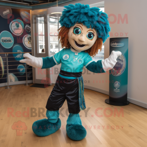 Teal Irish Dancer mascot costume character dressed with a Henley Tee and Rings
