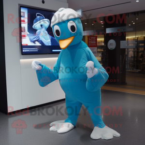 Cyan Gull mascot costume character dressed with a Jumpsuit and Caps