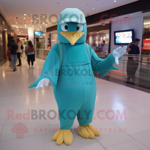 Cyan Gull mascot costume character dressed with a Jumpsuit and Caps