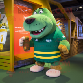Green Walrus mascot costume character dressed with a Rugby Shirt and Anklets