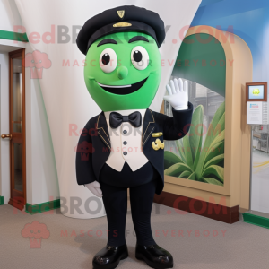 Navy Green Bean mascot costume character dressed with a Tuxedo and Suspenders