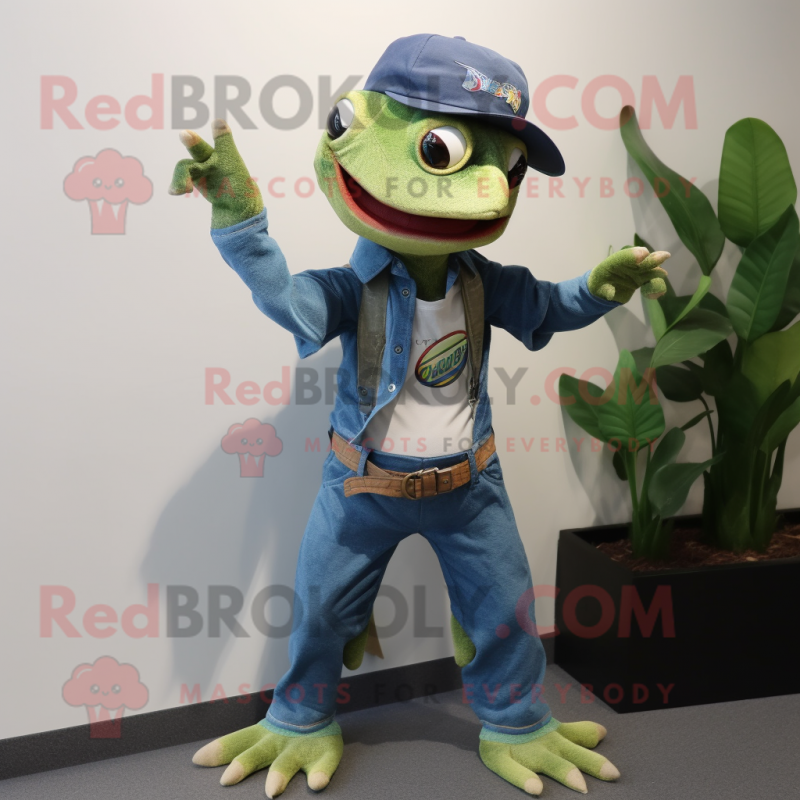 nan Geckos mascot costume character dressed with a Jeans and Hats