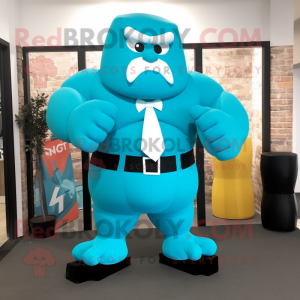 Cyan Strongman mascot costume character dressed with a Suit and Bow ties