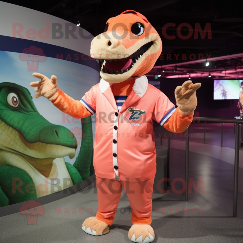 Peach Allosaurus mascot costume character dressed with a Windbreaker and Headbands